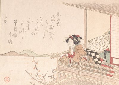 Courtesane lener seg på rekkverket til en veranda, sannsynligvis 1816. av Kubo Shunman