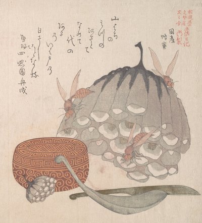 Elveblest med veps og en boks med skje for honning, 1800-tallet. av Kubo Shunman