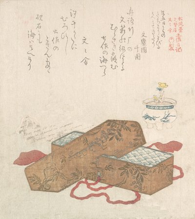 Brevkasse med brev og potteblomst, 1800-tallet. av Kubo Shunman