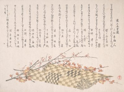 Plommegrener med blomster og en rullematte, 1800-tallet. av Kubo Shunman