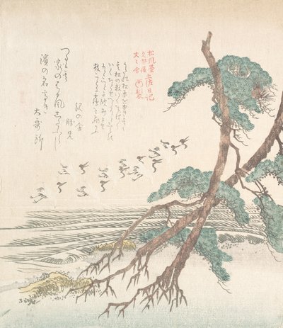 Havsidelandskap med furutrær og flygende traner, 1800-tallet. av Kubo Shunman