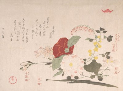 Spring Rain Collection Harusame shu, vol. 2: Avskårne blomster: Klematis, Buss..., 1815 Oksens år. av Kubo Shunman