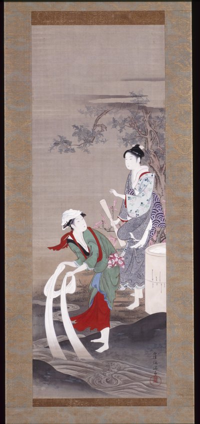 Two Beauties At The Tamagawa (Crystal River) In Mishima (blekk, gofun og farge på silke) av Kubo Shunman
