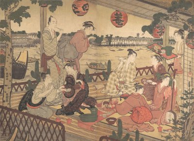 To unge menn og flere kvinner som spiser på et tehus på bredden av elven Sumida, ca. 1788. av Kubo Shunman