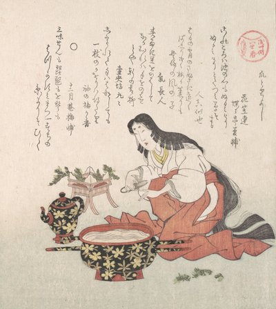 Kvinne som klipper neglene etter å ha samlet urter, 1800-tallet. av Kubo Shunman