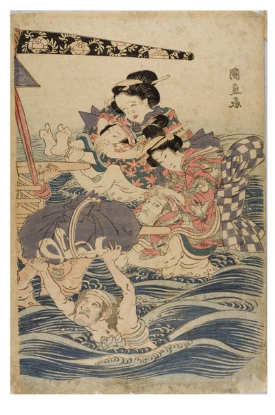 Vårscene av unge kvinner på reise, ca. 1786-1864 (treblokktrykk på papir) av Kuninaga Utagawa