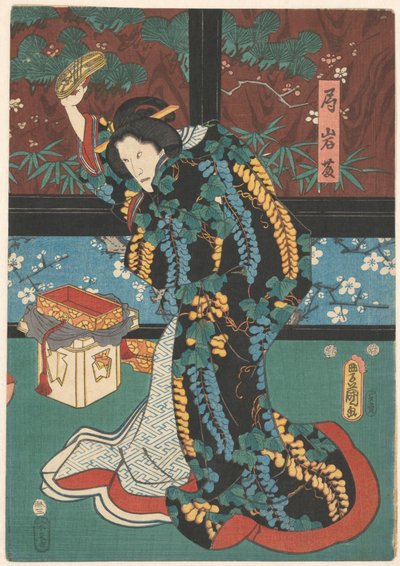 Scene fra Play The Mirror Mountain Court-dame Iwafuji med sandal i hånden av Kunisada (I) , Utagawa