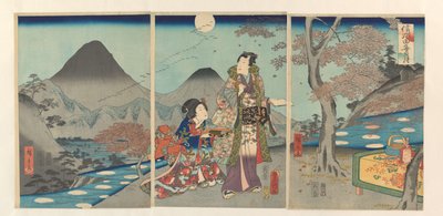 Månen speilet seg i rismarkene i Shinano Shinshû tagoto no tsuki (tittel på objekt) av Kunisada (II) , Utagawa