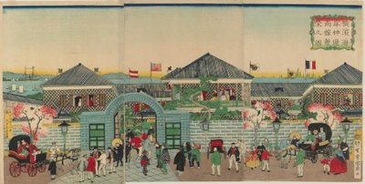 Bilde av velstanden til merkantile etablissementer langs Nakadouri på Yokohama, Meiji-tiden, 1870 (farget treblokktrykk) av Kuniteru II Utagawa