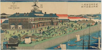 The Seaside Garden of the Tsukiji Hotel i den østlige hovedstaden, Meiji-tiden, 1868 (farget treblokktrykk) av Kuniteru II Utagawa