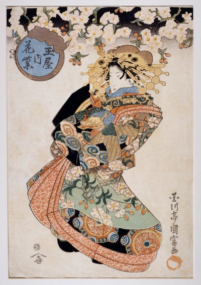 Courtesane Hanamurasaki fra Tamaya tehus, ca 1830, Ukiyo-e kunsttrykk av Utagawa Kunitomi (aktiv 1810-1830), Oban-tate-e tresnitt, 38,2x26,5 cm, japansk sivilisasjon av Kunitomi Utagawa
