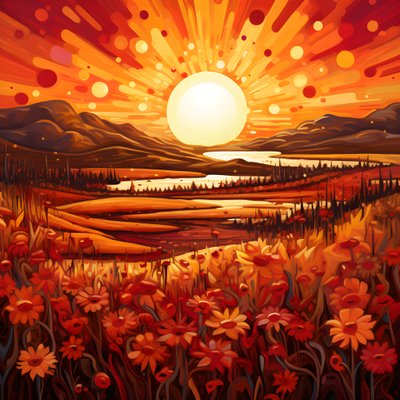 Abstrakt landskapskunst med et felt med markblomster og en dristig rød sol. 2 av Kurt Heppke