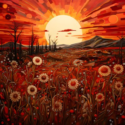 Abstrakt landskapskunst med et felt med markblomster og en dristig rød sol. 3 av Kurt Heppke