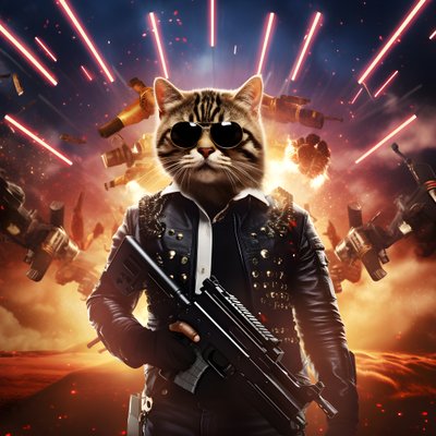 Filmplakat av en katt iført en svart-hvit prikkete skjorte og skinnende solbriller med eksplosjoner og kanoner i bakgrunnen 2 av Kurt Heppke