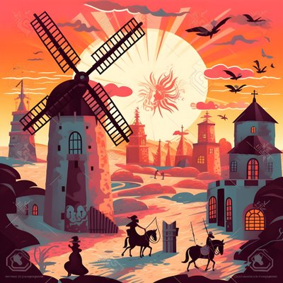 Bakgrunn Don Quijote helt til høyre på eselet sitt så lite som en skygge, foran vindmøllene, et passende bakteppe 2 av Kurt Heppke