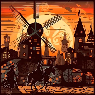 Bakgrunn Don Quijote helt til høyre på eselet sitt så lite som en skygge, foran vindmøllene, et passende bakteppe 4 av Kurt Heppke