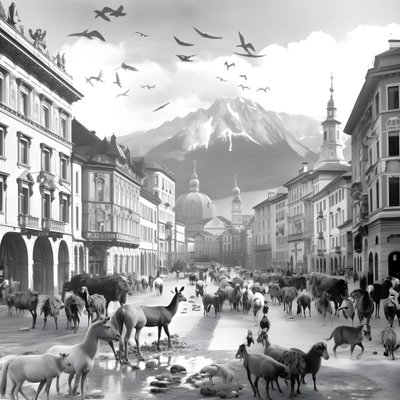Innsbruck i et gammelt fotografi med elegante sebraer, måker, aper og leirfigurer. 2 av Kurt Heppke
