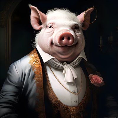 Kald og dominerende antropomorf griseplantasjeeier, gjennomborende øyne, fet lubben kropp, sigar i hånden, utsøkt elegant sørlig hvit dress og vest, lommeur på kjede, monokel, hvit filthatt, nærbilde av Kurt Heppke