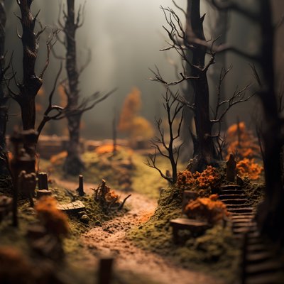Miniatyr tilt-shift Halloween-skog med tåkete trær og en skummel atmosfære 3 av Kurt Heppke