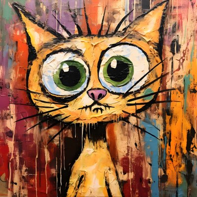 Neo-ekspresjonisme av en tegneseriekatt som ser nysgjerrig opp på noe 3 av Kurt Heppke