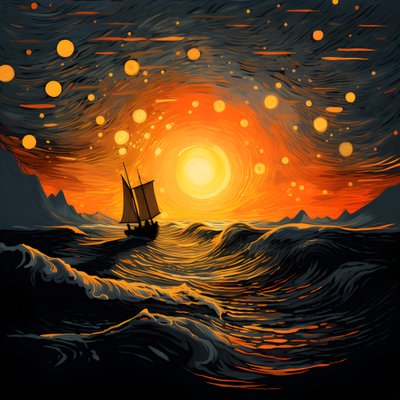 Solnedgang, oransje-gul sol, skyer, fem roterende sirkler av skyer på en stor himmel, nøytrale bølger og oransje-gule solnedgangsskyer reflektert på bølgene, en båt går ut på havet 1 av Kurt Heppke