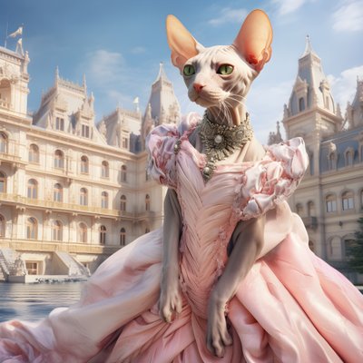 Sphynx-katt i ballkjole på bakgrunn av et praktfullt palass i middelalderstil 2 av Kurt Heppke