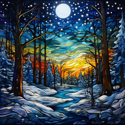 en scene fra den snødekte skogen med stjerner 1 av Kurt Heppke