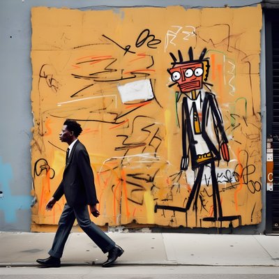 en malt figur kommer til live når han går nedover en gate i New York, surrealistisk bilde 3 av Kurt Heppke