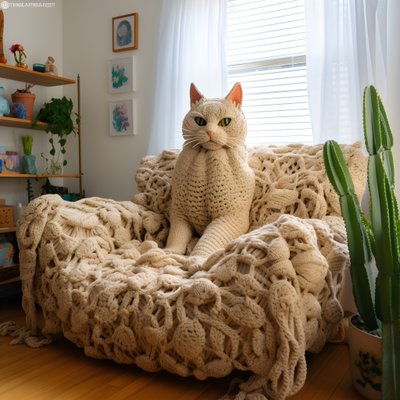 en gigantisk heklet katt i en realistisk stue 3 av Kurt Heppke