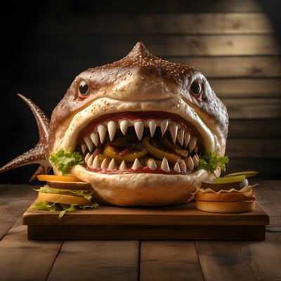 stor haihode cheeseburger med biff på trebrett 2 av Kurt Heppke
