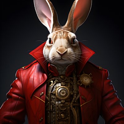 mannlig antropomorf kybernetisk klokke punk android bunny, i rød frakk 4 av Kurt Heppke