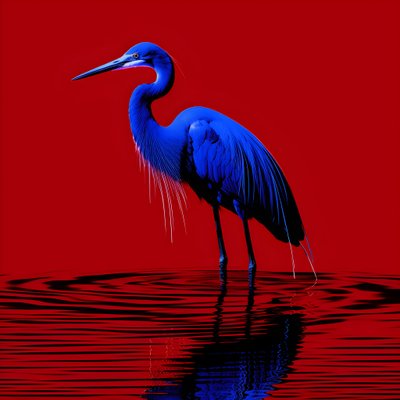 synthwave digital kunstverk av en eksotisk koboltblå egret på rødt papir 2 av Kurt Heppke