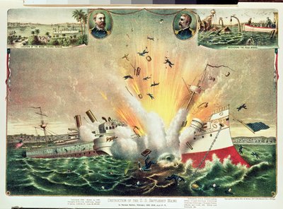 Ødeleggelse av det amerikanske slagskipet Maine i Havana havn, 15. februar 1898 av Kurz and Allison