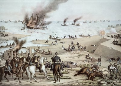USS 'Monitor' kjemper mot CSS 'Merrimack' i slaget ved Hampton Broads under den amerikanske borgerkrigen, 9. mars 1862 (farge litho) av Kurz and Allison