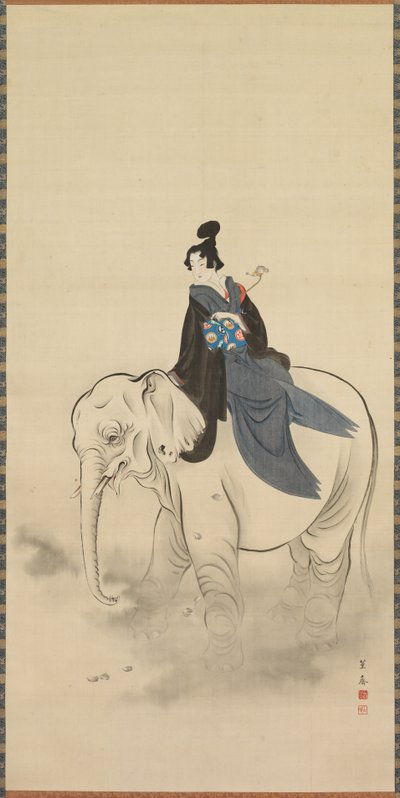 Courtesan Riding an Elephant Parodi av Bodhisattva Fugen, 1800-tallet. av Kuwagata Keisai