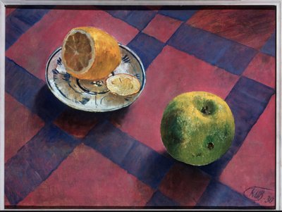 Eple og sitron. (Eple og sitron). Maleri av Kuzma Sergeevich Petrov Vodkin (Petrov-Vodkin) (Kouzma Petrov Vodkin) (Petrov-Vodkin) (1878-1939), olje på lerret av Kuzma Sergeevich Petrov Vodkin