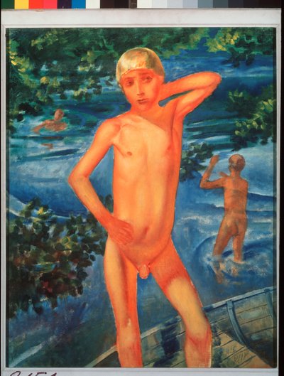 Gutter som bader. Maleri av Kuzma Sergeevich Petrov Vodkin (Petrov-Vodkin) (Kouzma Petrov Vodkin) (Petrov-Vodkin) (1878-1939), olje på lerret av Kuzma Sergeevich Petrov Vodkin