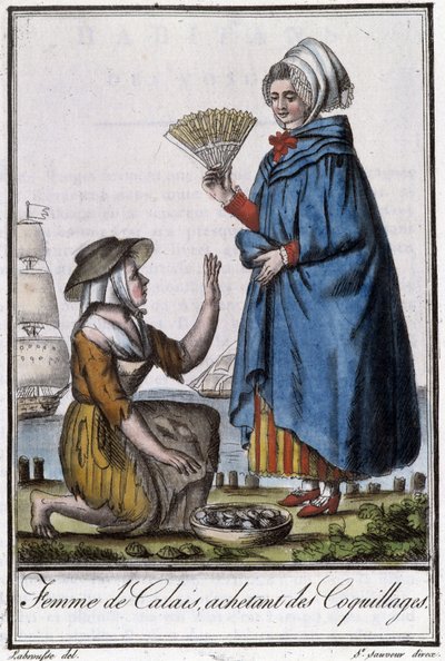 Femme de Calais kjøper skjell - i "" Encyclopedia of travels"" av J. Grasset St Sauveur, Deron, Paris av L.F. Labrousse