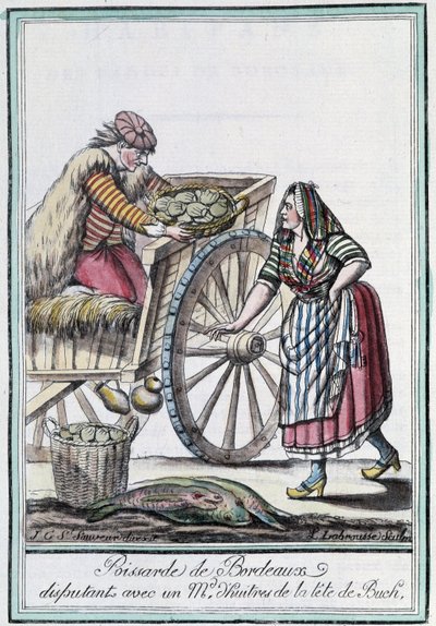Poissarde de Bordeaux diskuterte med en østershandler fra lederen av Buch - i "" Encyclopedia of travels"" av J. Grasset St Sauveur, Deron, Paris av L.F. Labrousse
