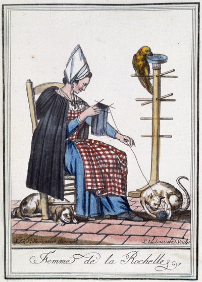 Kvinne fra La Rochelle strikker med en hund, en papegøye og en katt som leker med ullkulen. av L.F. Labrousse