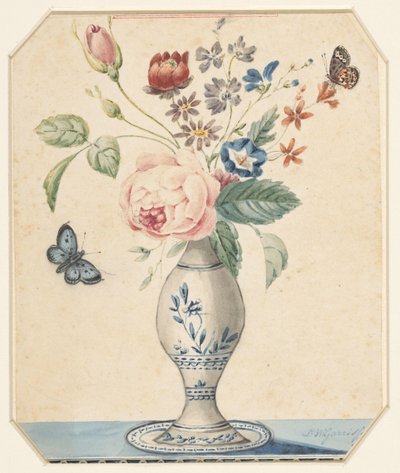 Vase med blomster og en blå sommerfugl av L.W. Garrison