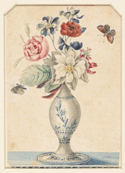 Vase med blomster og en grå-gul sommerfugl av L.W. Garrison