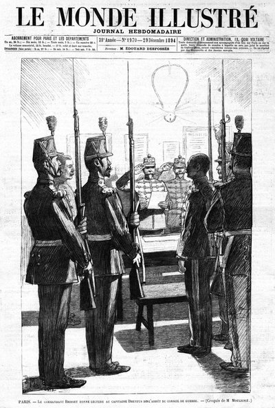 The commander read, to Captain Alfred Dreyfus, the Arrest of the War Council, Paris. Sketch of Mr. de Moulignie. In “” Le Monde Illustré”” Weekly Journal No. 1970 of 29 December 1894. av L. Moulignie