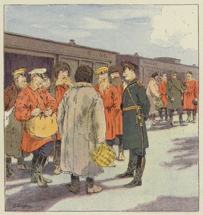 Stans av et tog som frakter reservister i Manchuria av L. Malespine