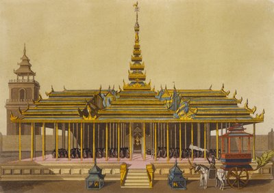 Kongen av Siam henvender seg til hoffmenn i sin paviljong, plate 69 fra Le Costume Ancien et Moderne av Jules Ferrario, gravert av Gaetano Zancon (1771-1816) utgitt ca. 1820-30-tallet av L. Rossi