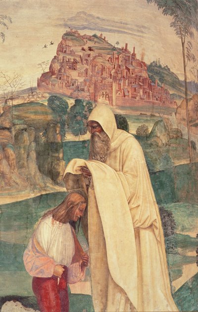 Life of St. Benedict, Scene 4: Munken Romanus kler Benedikt av L. Signorelli