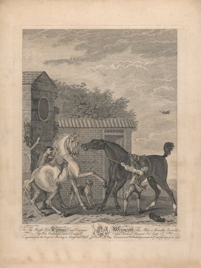 Et sett på syv, uten tittel, hver dedikert: Til høyre, ære. Thomas Lord Viscount Weymouth ... fra originalmaleriet i Long Leat Hall. [To hester som står urolig utenfor en stall...] av L. Truchy