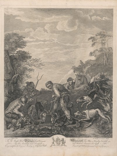 Et sett på syv, uten tittel, hver dedikert: Til høyre, ære. Thomas Lord Viscount Weymouth ... fra originalmaleriet i Long Leat Hall. [Tre menn graver ut en revs jord, fulgt ivrig av hunder...] av L. Truchy
