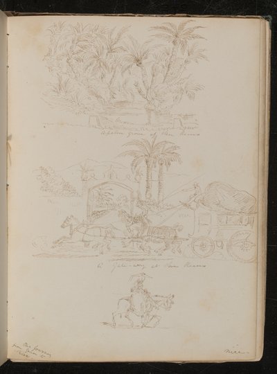 "En palmelund ved San Remo", en hestevogn foran "en port ved San Remo", en kvinneskikkelse på hesteryggen av Lady Butler
