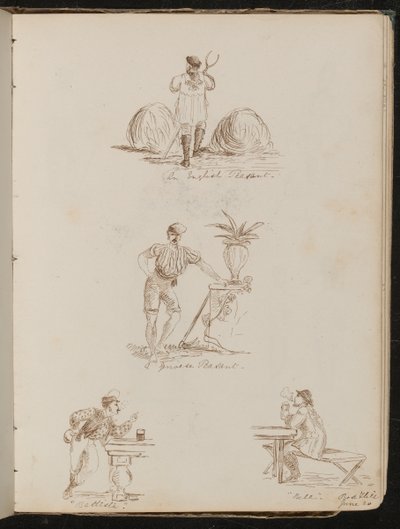 "English Peasant", "en Genoese Peasant", studie av figurer i tavernaer påskrevet "Battista" og "Bile", sted og dato "20. juni" av Lady Butler
